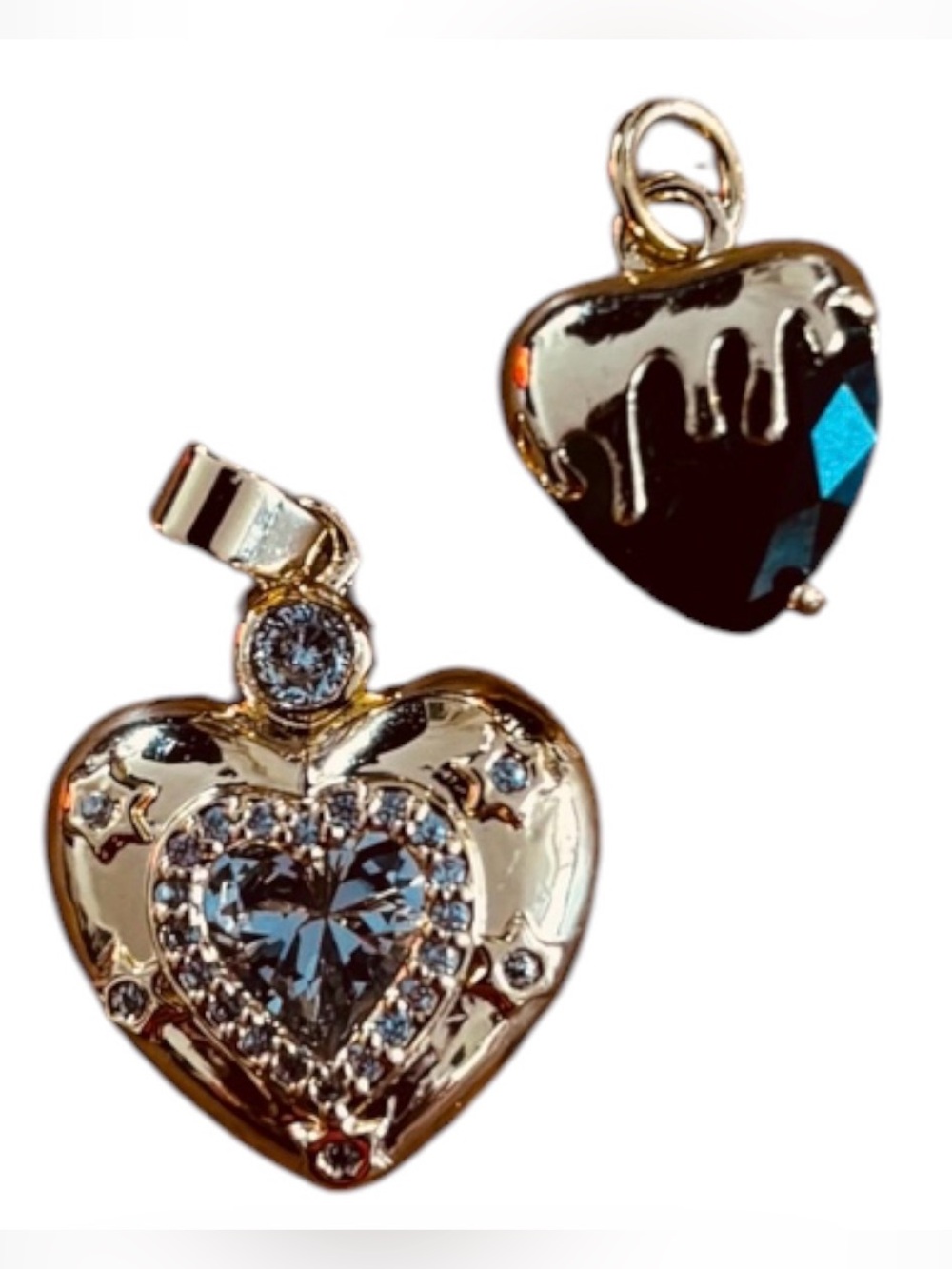 14K Gold Plated Heart Pendants Crystal/CZ Set of 2